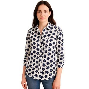 J. Crew Factory Women’s Button-Up Shirt Medium White Navy Floral Print Cotton